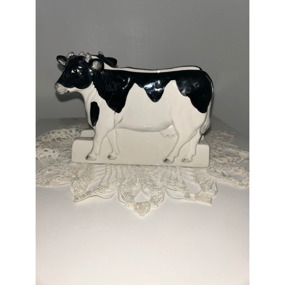 Vintage Otagiri Japan Ceramic Cow Napkin Holder Black White Farmhouse Decor
